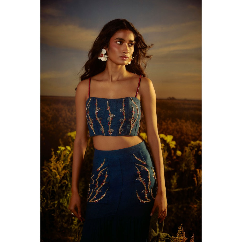 Nirmooha Blue Effortless Edge Bralette and Skirt with Belt