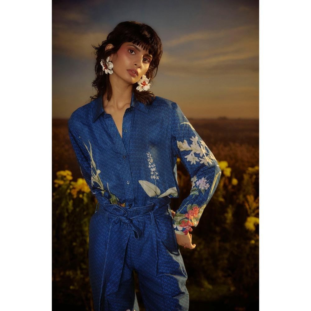 Nirmooha Blue Floral Fusion Ensemble Shirt and Pant with Belt