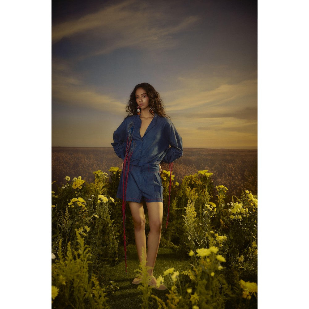 Nirmooha Blue Embroidered Essence Duo Shirt and Shorts