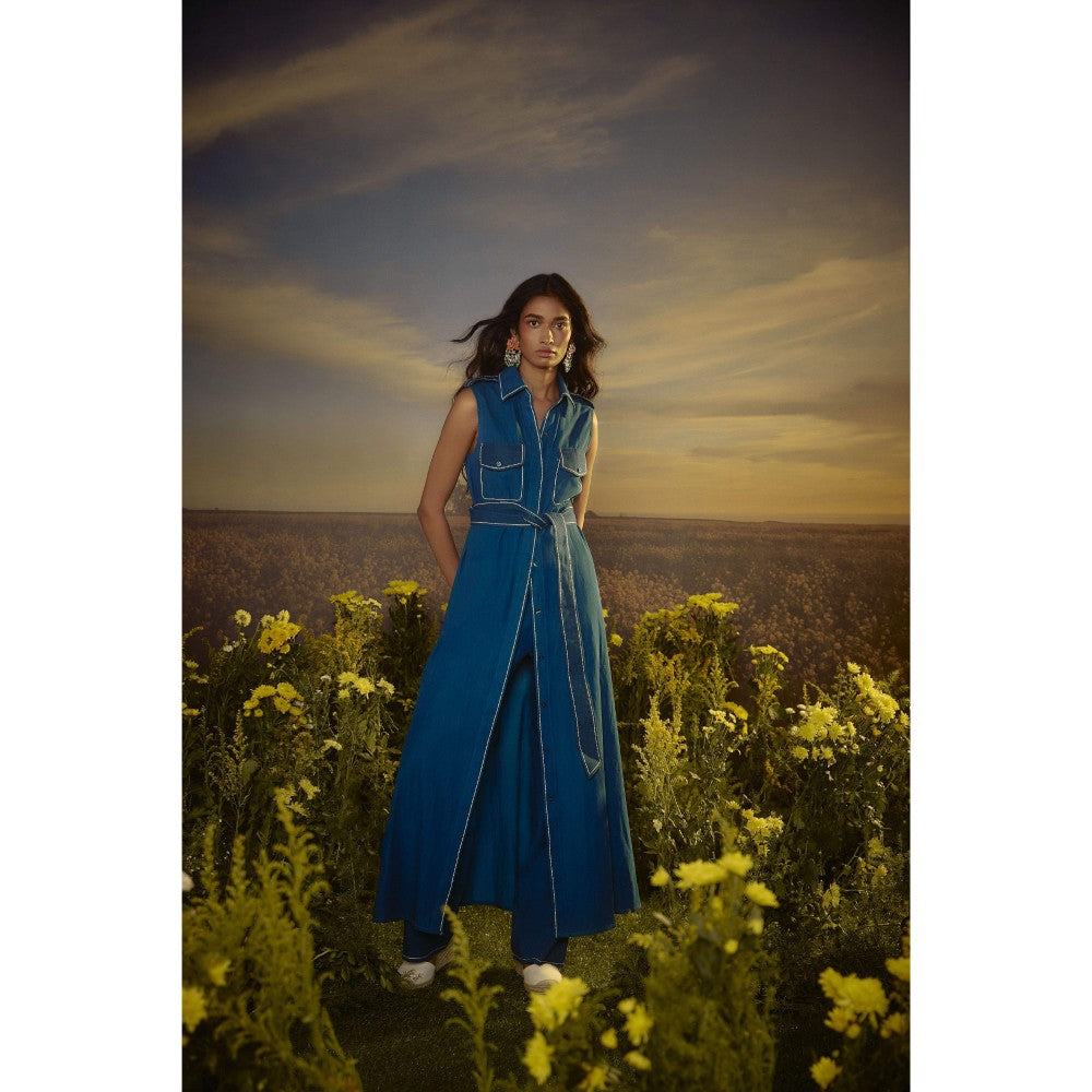 Nirmooha Blue Metro Classic Trench Coat and Pant with Belt with Belt