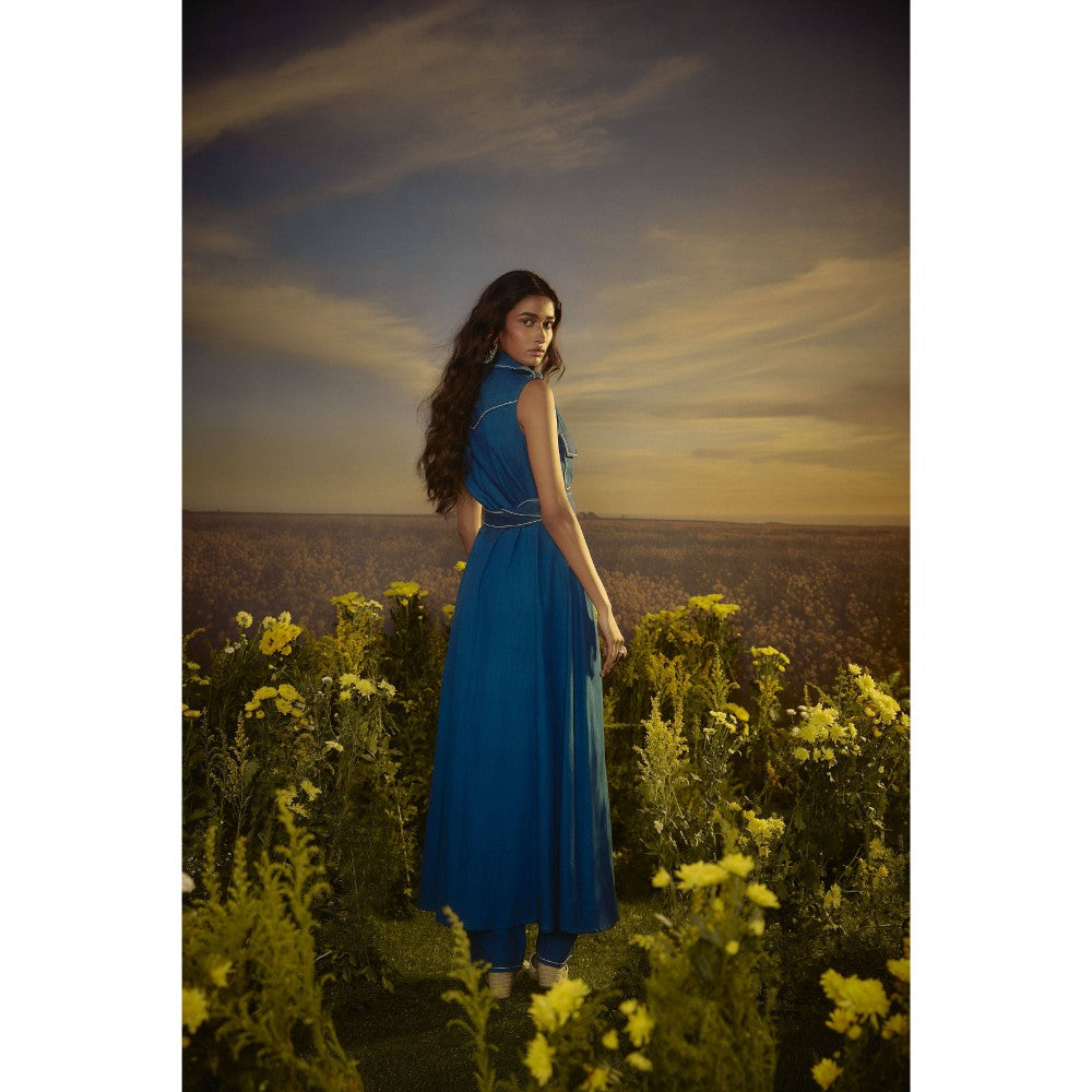 Nirmooha Blue Metro Classic Trench Coat and Pant with Belt with Belt