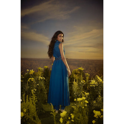 Nirmooha Blue Metro Classic Trench Coat and Pant with Belt with Belt