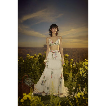 Nirmooha White Chiffon Blossom Bralette and Tiered Skirt with Belt