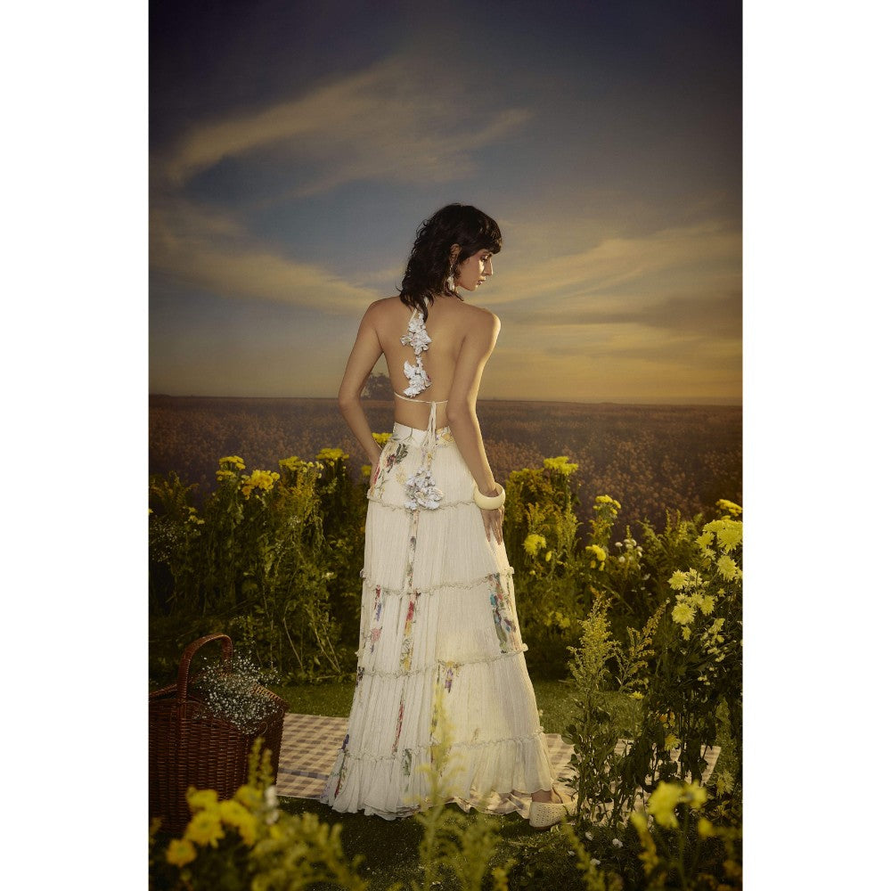 Nirmooha White Chiffon Blossom Bralette and Tiered Skirt with Belt