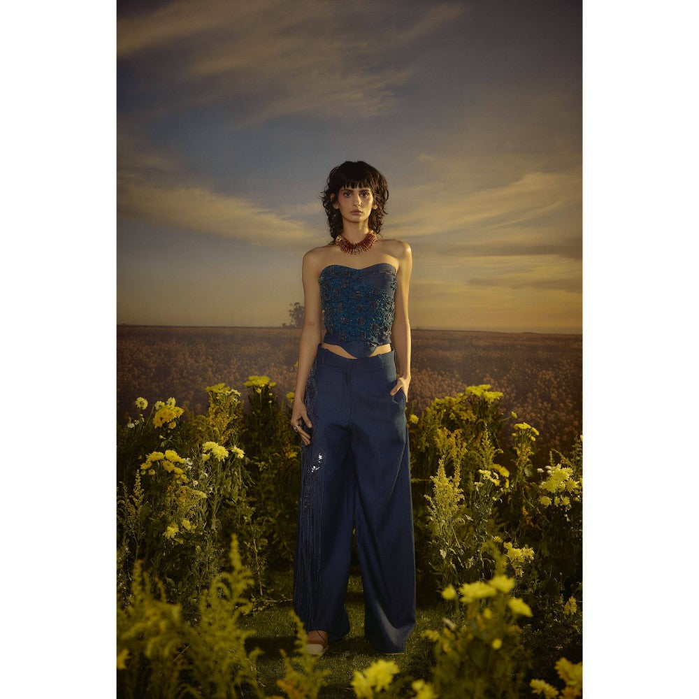 Nirmooha Blue Floral Embroidery Denim Ensemble Corset and Pant with Belt