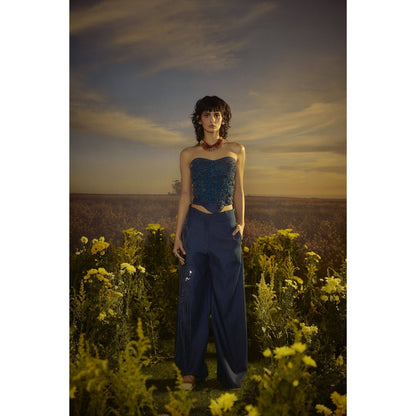 Nirmooha Blue Floral Embroidery Denim Ensemble Corset and Pant with Belt
