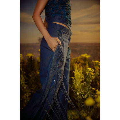 Nirmooha Blue Floral Embroidery Denim Ensemble Corset and Pant with Belt