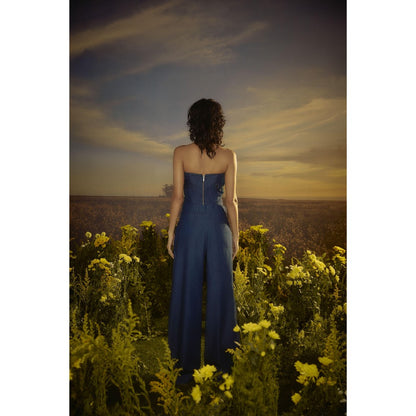 Nirmooha Blue Floral Embroidery Denim Ensemble Corset and Pant with Belt
