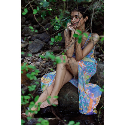 Nirmooha Blue Geo Printed Embroidered Sequin Straps Drape Maxi Dress