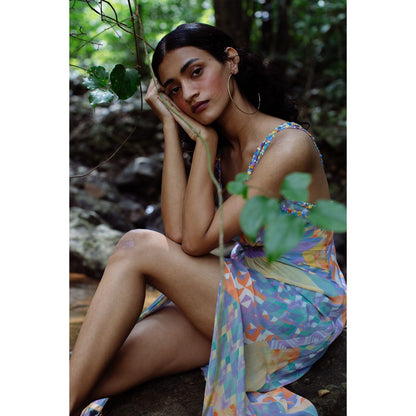 Nirmooha Blue Geo Printed Embroidered Sequin Straps Drape Maxi Dress