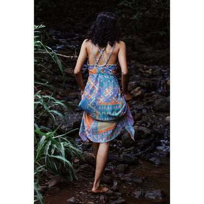 Nirmooha Blue Geo Printed Embroidered Sequin Straps Drape Maxi Dress