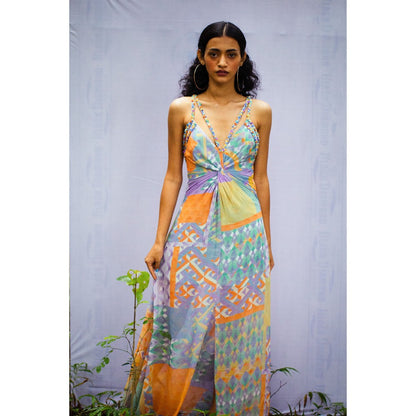 Nirmooha Blue Geo Printed Embroidered Sequin Straps Drape Maxi Dress