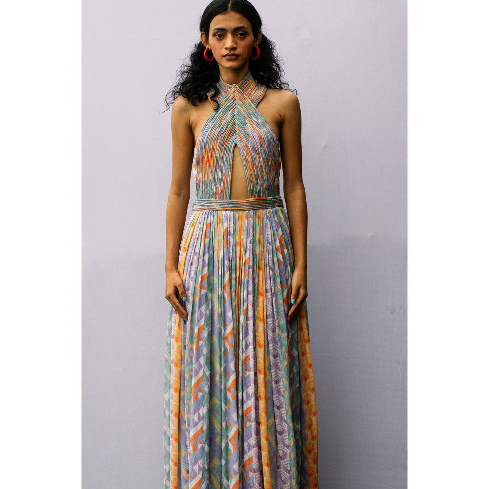 Nirmooha Blue Geo Printed Halter Neck Cording Maxi Dress