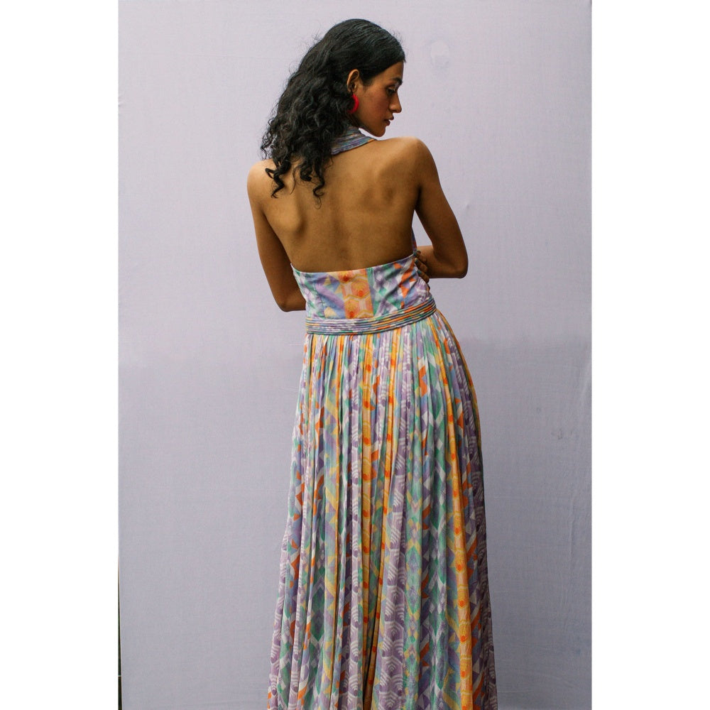 Nirmooha Blue Geo Printed Halter Neck Cording Maxi Dress