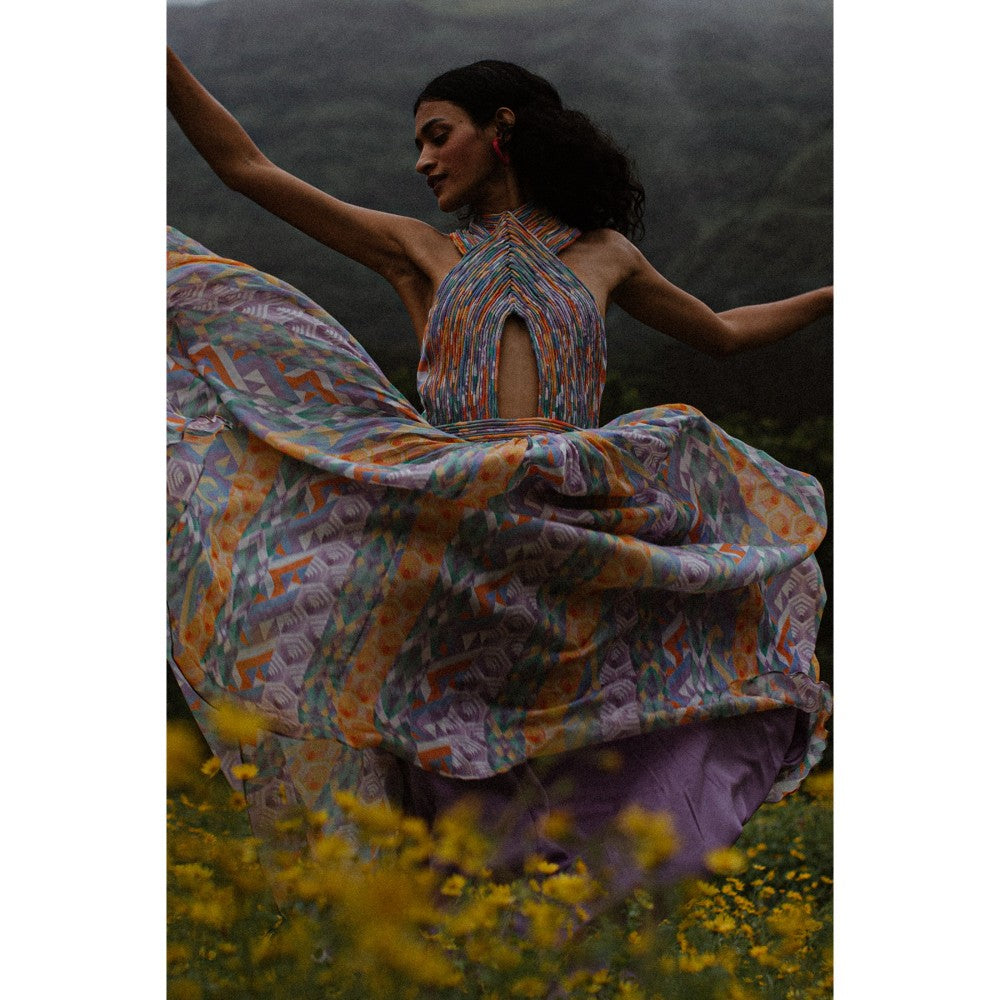 Nirmooha Blue Geo Printed Halter Neck Cording Maxi Dress