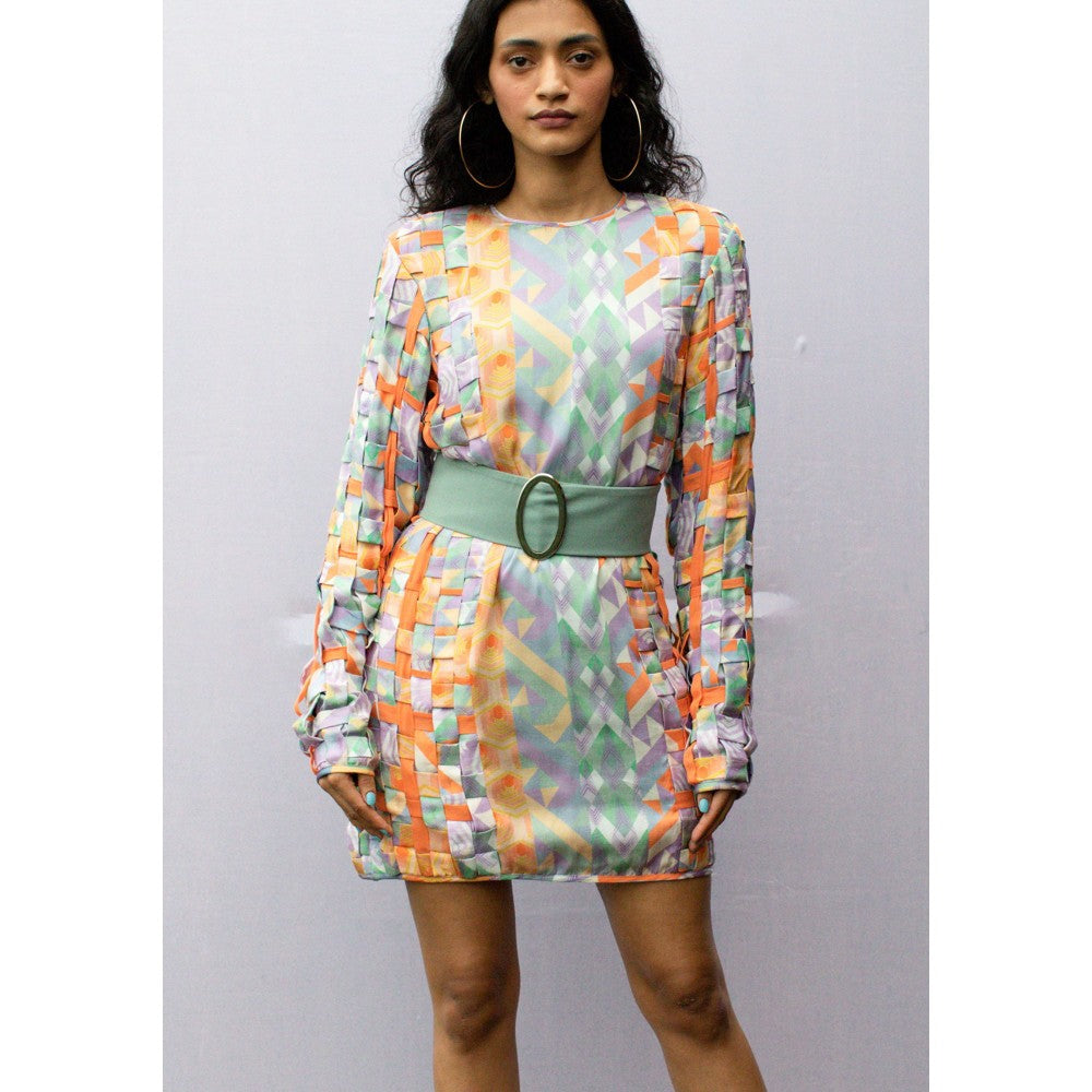 Nirmooha Blue Geo Print Matting Mini-Dress with Belt