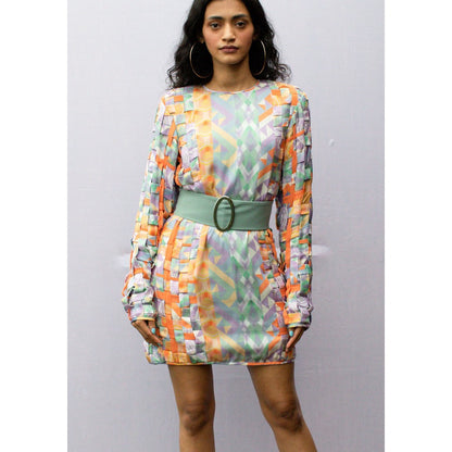 Nirmooha Blue Geo Print Matting Mini-Dress with Belt