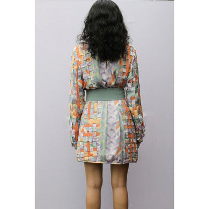 Nirmooha Blue Geo Print Matting Mini-Dress with Belt