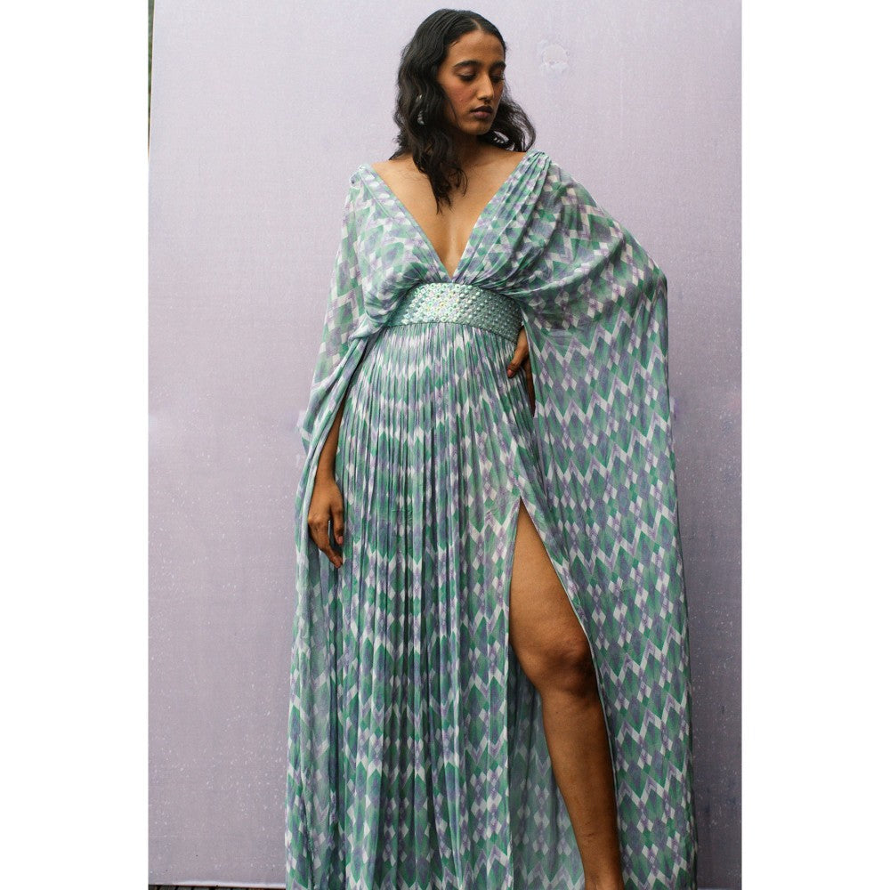 Nirmooha Blue Kaftan Style Maxi Dress with Attached Holographic Embroidered Belt