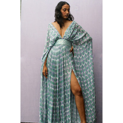 Nirmooha Blue Kaftan Style Maxi Dress with Attached Holographic Embroidered Belt