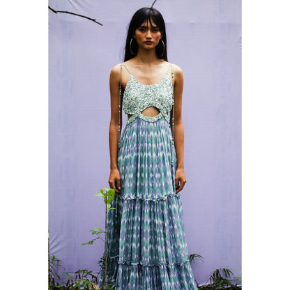 Nirmooha Blue Infinity Embellished Tiered Maxi Dress