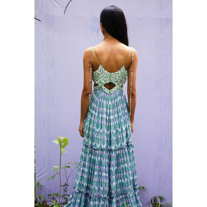 Nirmooha Blue Infinity Embellished Tiered Maxi Dress