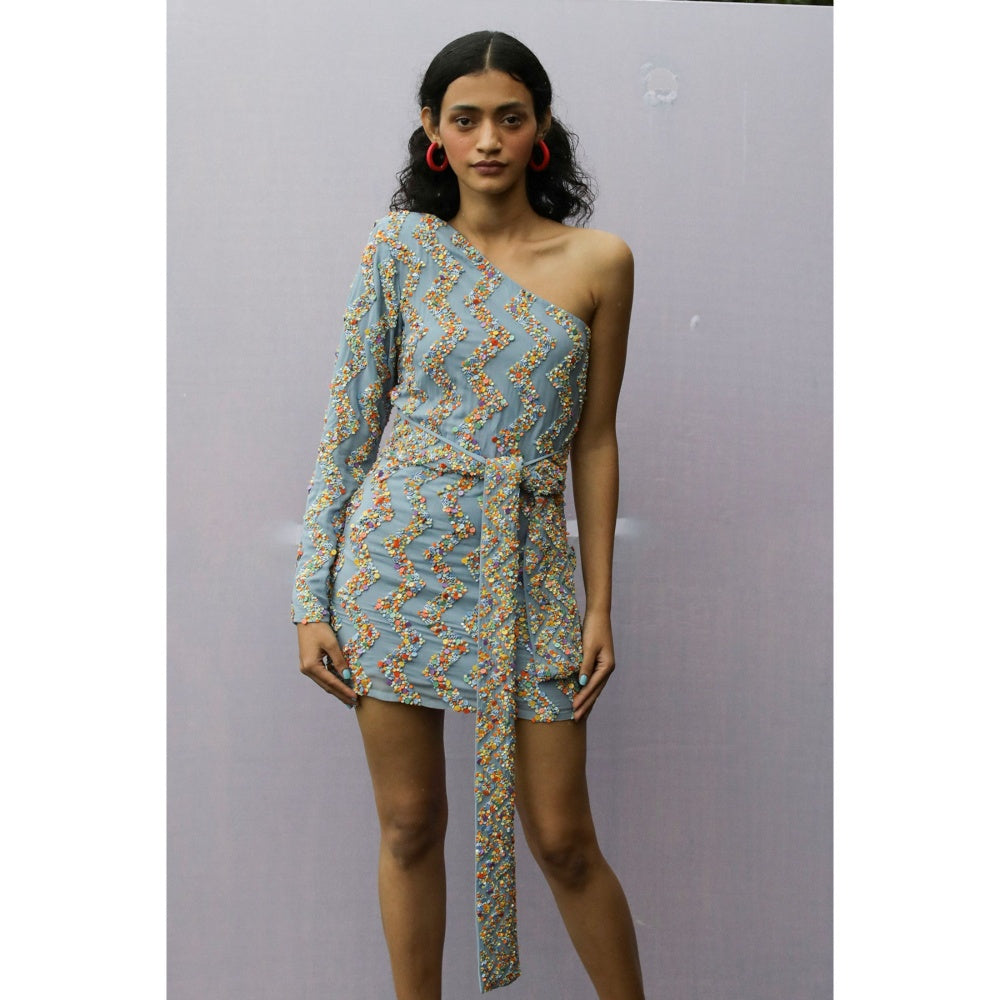 Nirmooha Blue One Shoulder Embroidered Mini Dress with Belt