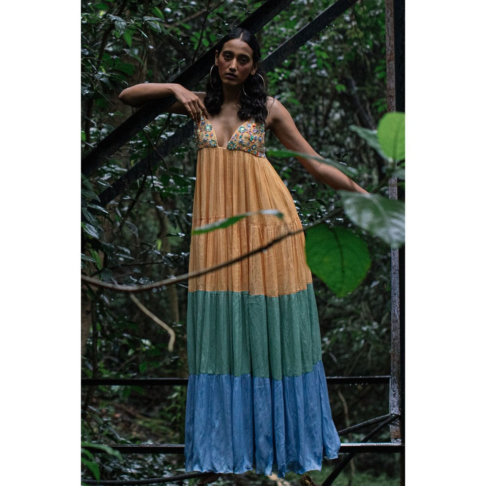 Nirmooha Yellow Colour Blocked Tiered Embellished Maxi Dress