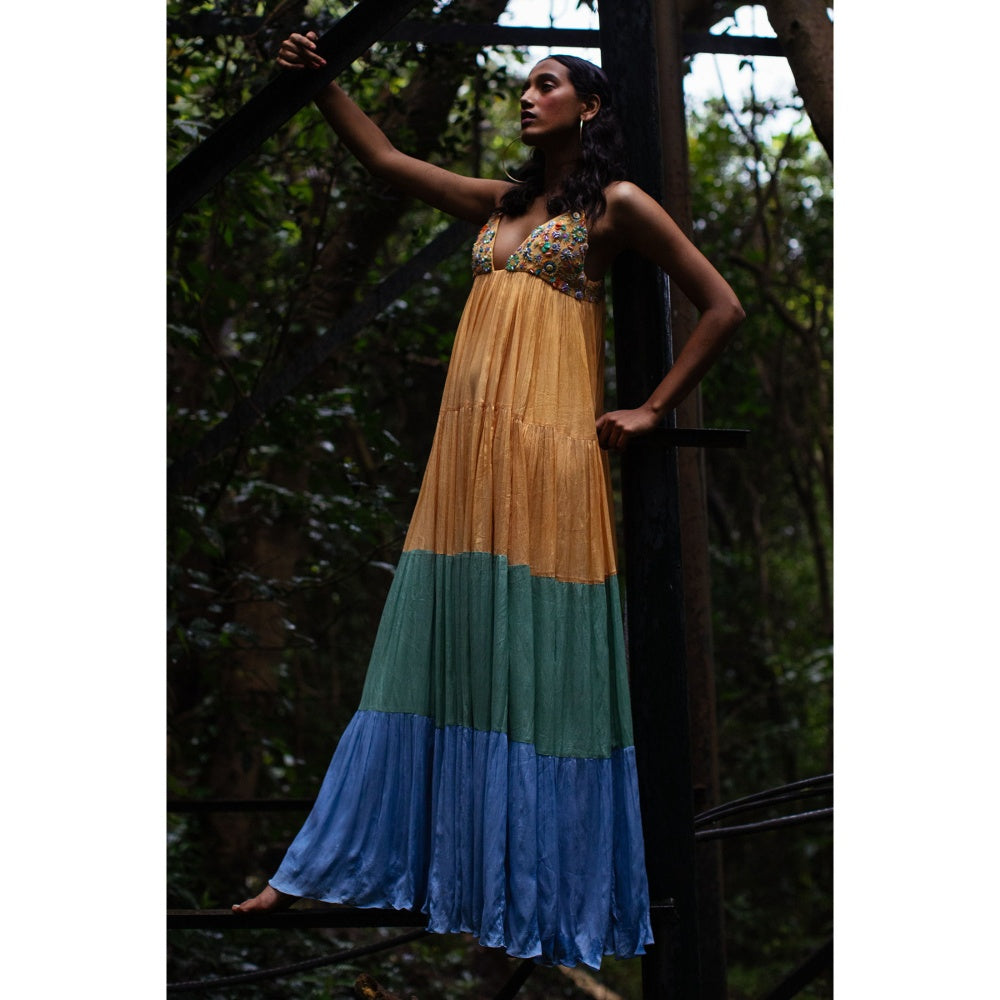 Nirmooha Yellow Colour Blocked Tiered Embellished Maxi Dress