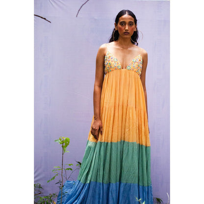 Nirmooha Yellow Colour Blocked Tiered Embellished Maxi Dress