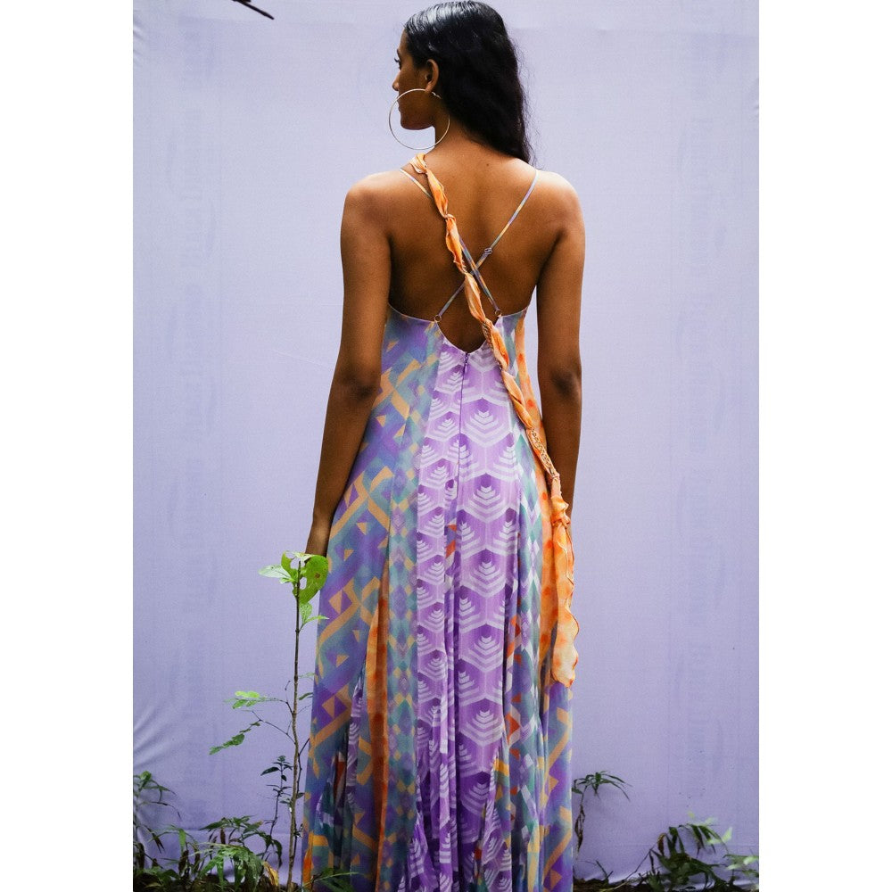 Nirmooha Purple Flared Printed Panel Cami Dress