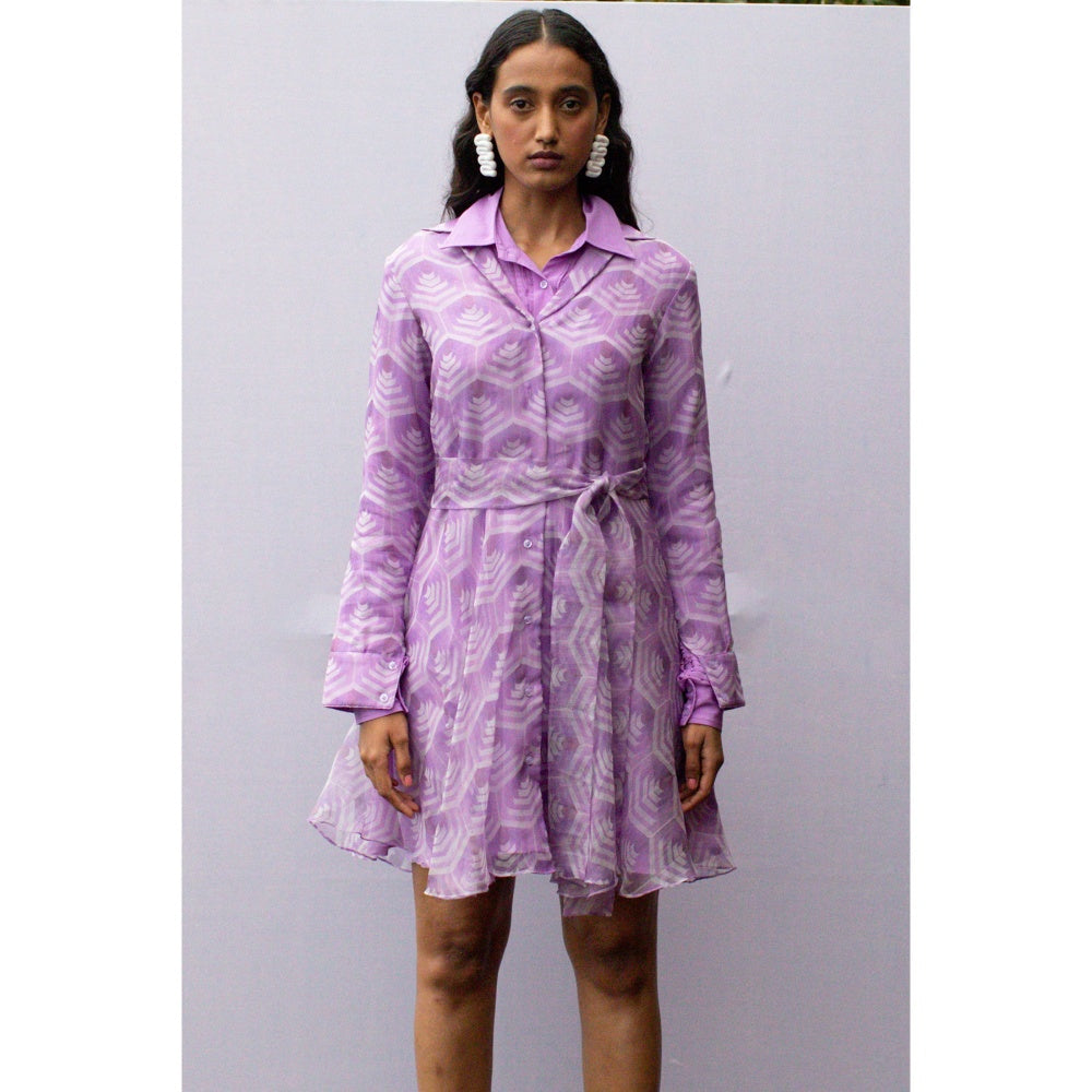 Nirmooha Lavender Geometric Organza Flared Shirt Dress