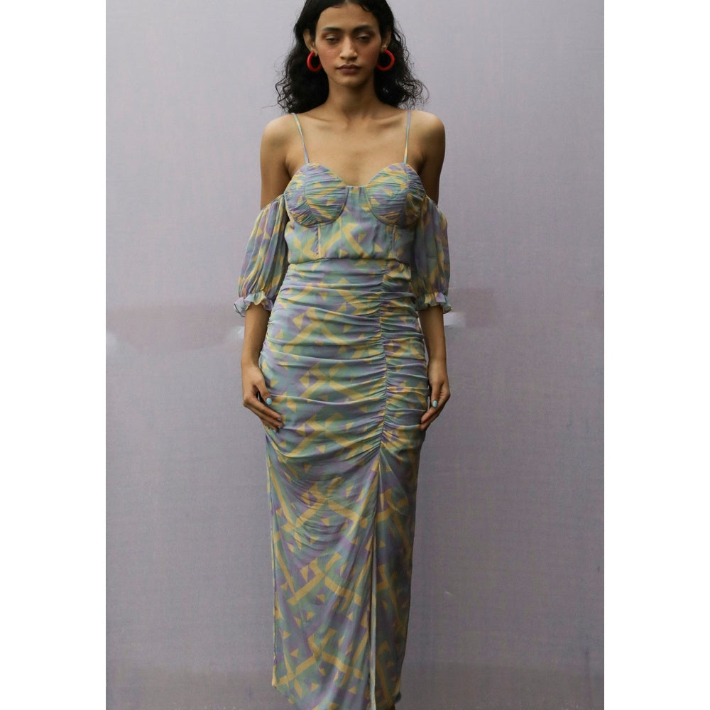 Nirmooha Blue Puff Sleeves Fitted Ruched Dress