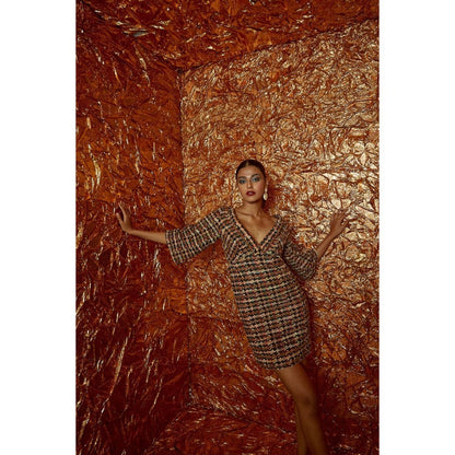 Nirmooha Brown Tweed Mini Bodycon Dress