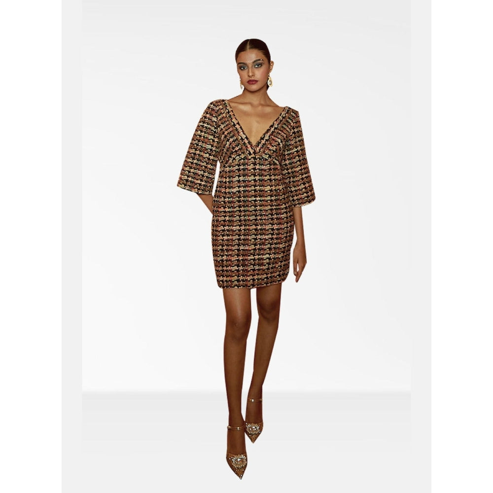 Nirmooha Brown Tweed Mini Bodycon Dress