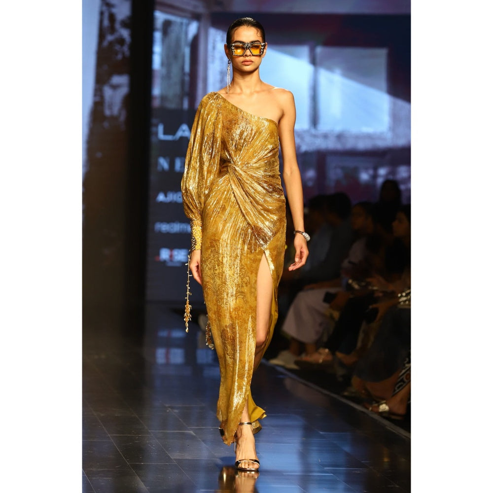 Nirmooha Gold One Shoulder Printed Maxi Dress