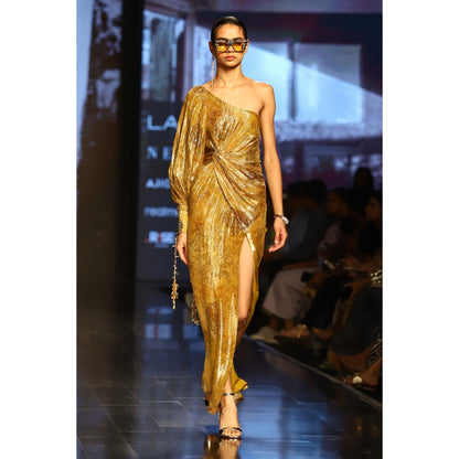 Nirmooha Gold One Shoulder Printed Maxi Dress