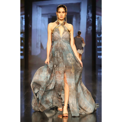 Nirmooha Grey Printed Halter Neck Maxi Dress with Trail