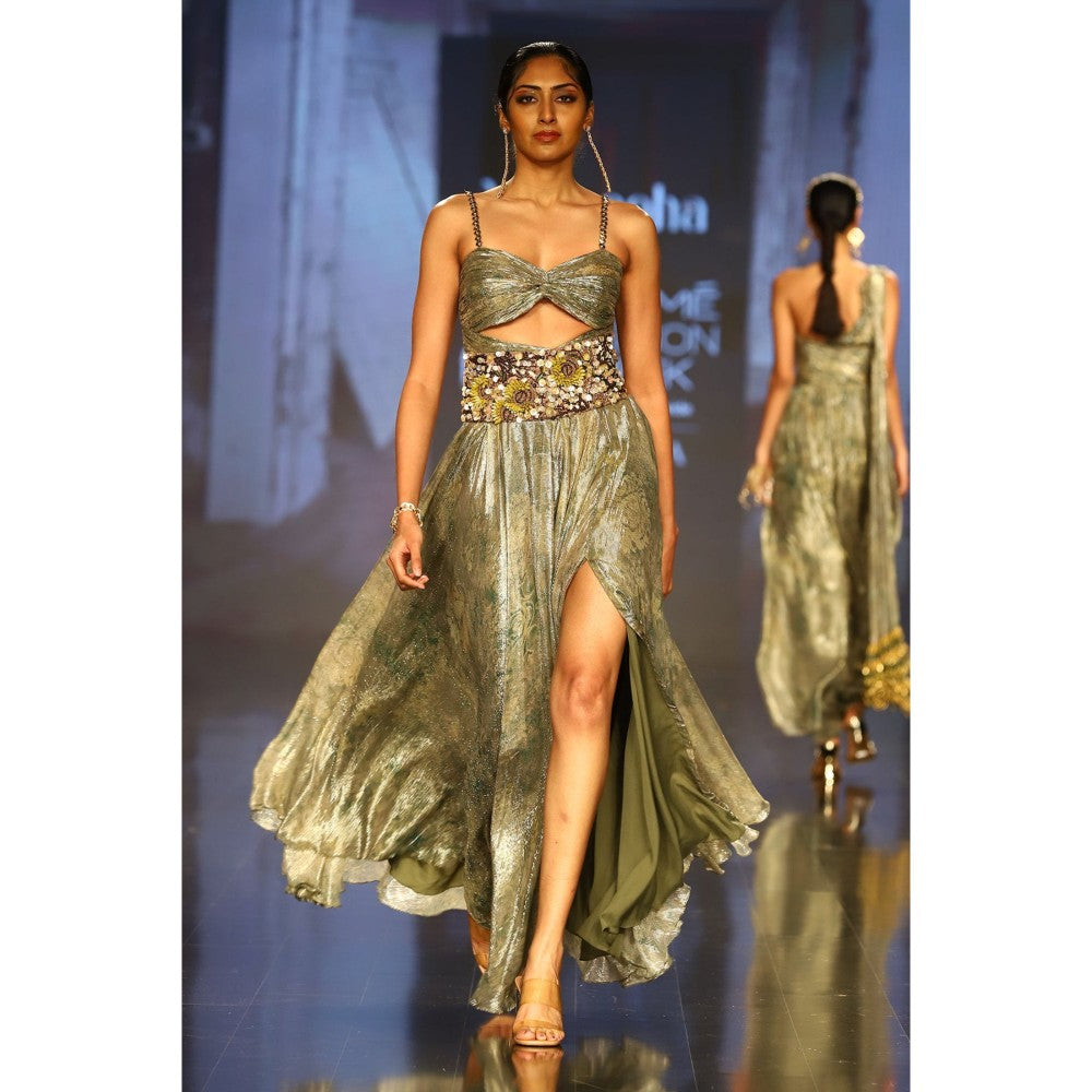 Nirmooha Green Printed Embellished Maxi Dress