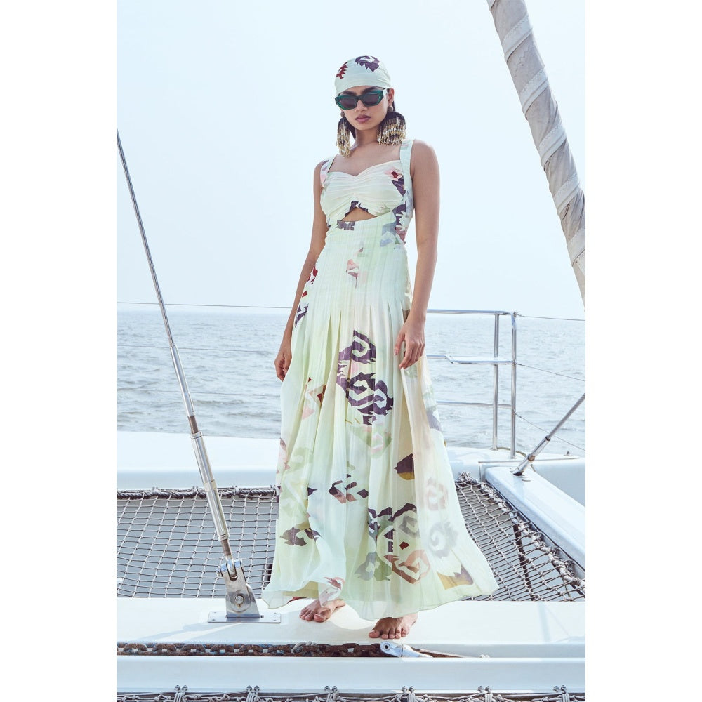 Nirmooha Off White Printed Keyhole Panel Maxi Dress