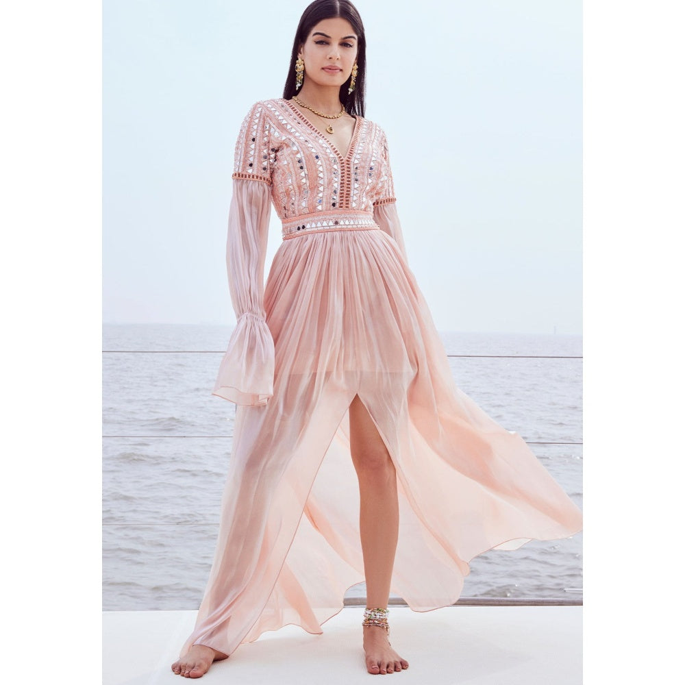 Nirmooha Peach Hand Embroidered Mirror Work Maxi Dress