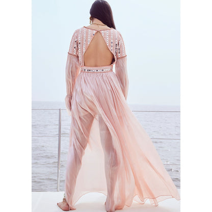 Nirmooha Peach Hand Embroidered Mirror Work Maxi Dress