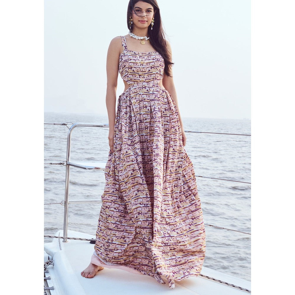 Nirmooha Peach Sequin Printed Side Cutout Maxi Dress