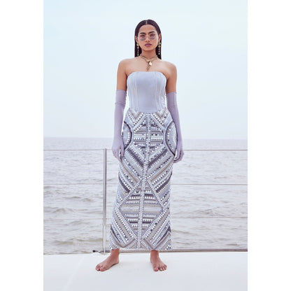 Nirmooha Grey Hand Embroidered Mirror Work Dress with Gloves