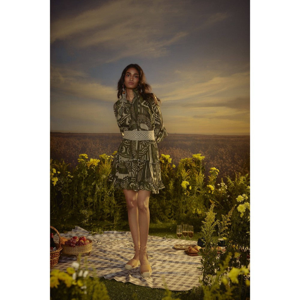 Nirmooha Green Polished Precision High Neck Mini Dress