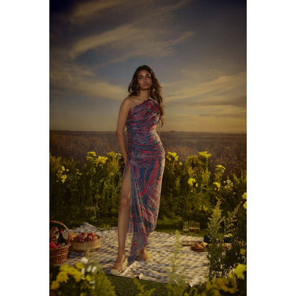 Nirmooha Red Wanderlust Whimsy One Shoulder Maxi Dress