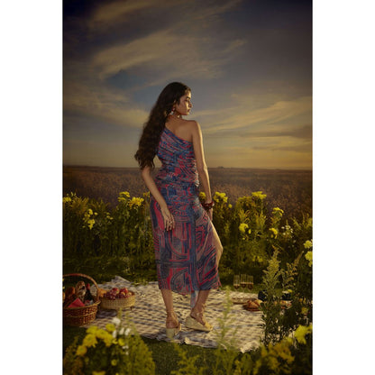 Nirmooha Red Wanderlust Whimsy One Shoulder Maxi Dress