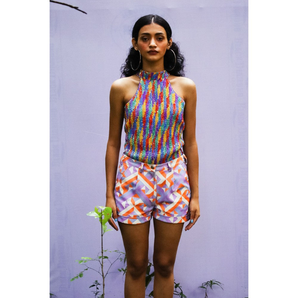 Nirmooha Purple Geometric Print Denim Shorts