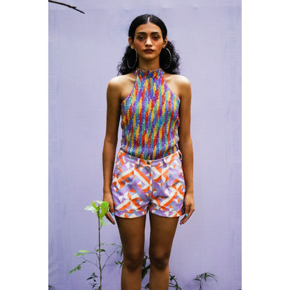 Nirmooha Purple Geometric Print Denim Shorts