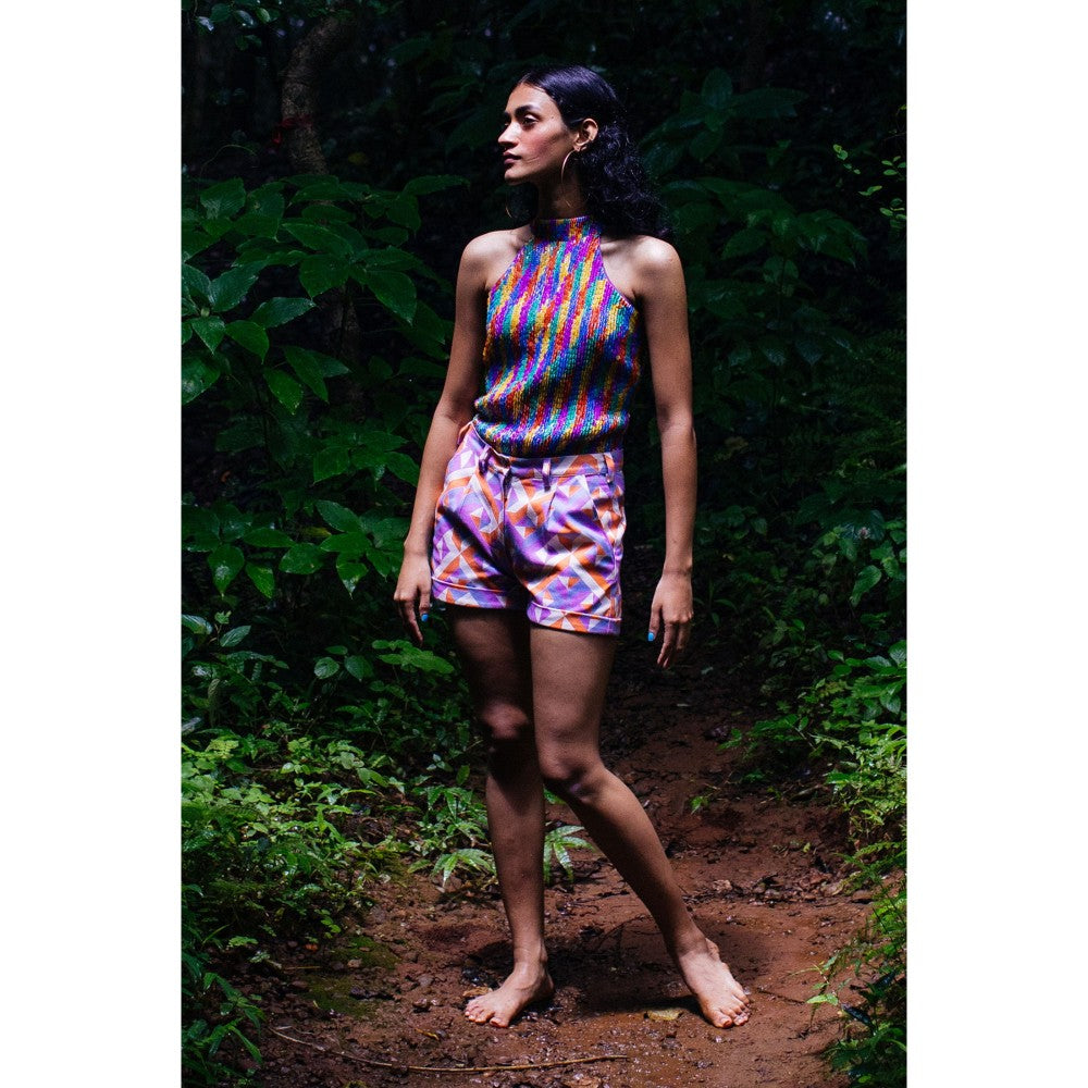 Nirmooha Purple Geometric Print Denim Shorts